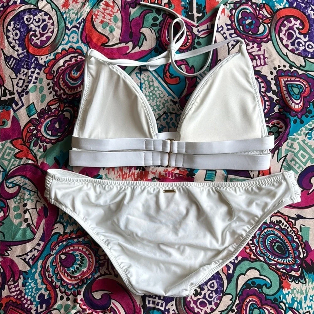 VICTORIA’S SECRET Solid White Double Strap Halter Bikini M/L Bridal Honeymoon